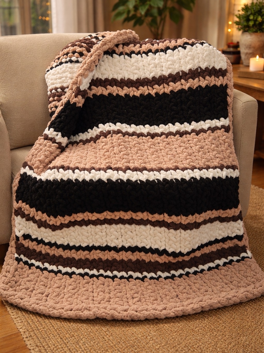Cozy Striped Handknit Throw Blanket - Neutral Tones